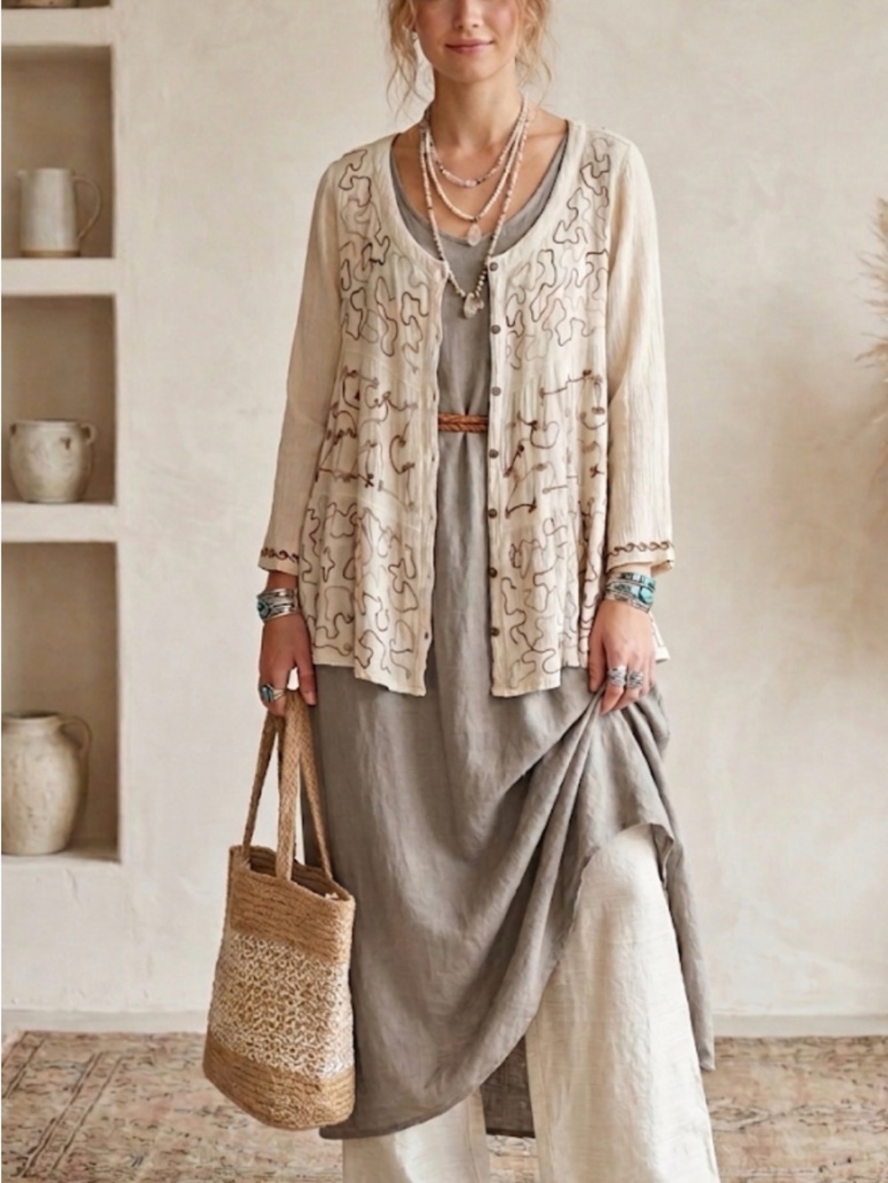 Sacred Threads veg S/M Cream Top with Brown Embroidery Lagenlook beachy boho